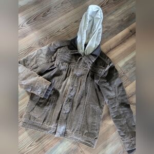 BKE Athletic Fit Buckle Mens Vintage Brown Faux Leather Hooded Coat Jacket Med